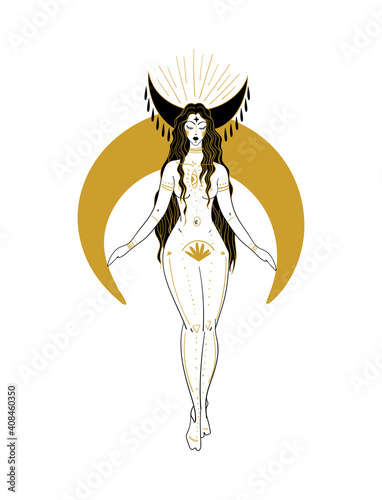 Beautiful nude woman with long hair and a crescent moon. Hand drawing for astrology in boho design, female tattoo, zodiac sign Virgo. Black and gold vector illustration isolated on white background.