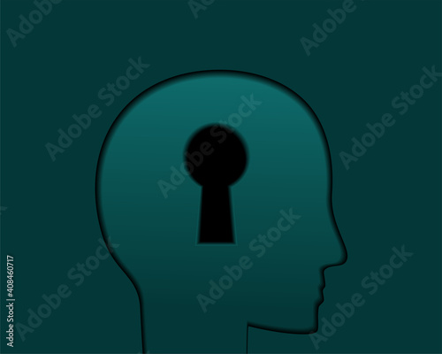 Silhouette of human head with keyhole. Key to human mind.
