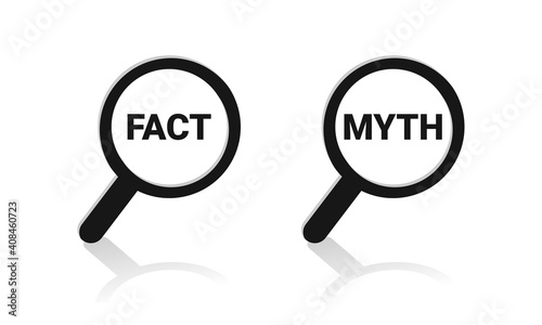 Facts myths sign. True or false. Magnifying glass with facts or myths. Concept of thorough fact-checking or easy compare evidence. Illustration vector