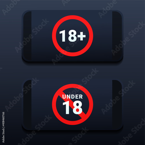18 plus sign on smartphone screen. Warning only for 18 years and ove. Eighteen years over. Under eighteen years prohibition sign. Illustration vector
