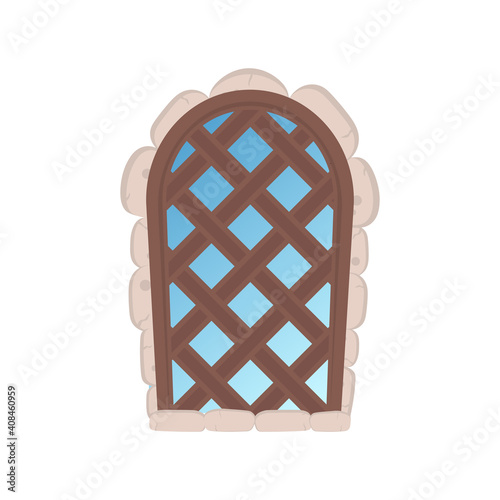 Old window with stone cladding. Wooden lattice on an old window. Isolated. Vector.