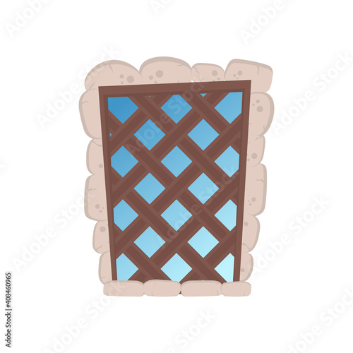 Old rectangular window with stone cladding. Wooden lattice on an old window. Isolated. Vector.