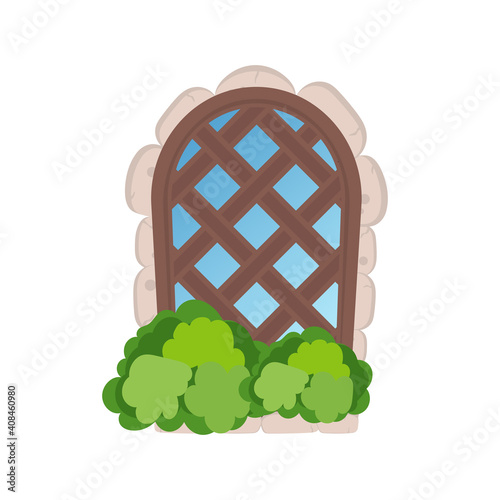 Old window with stone cladding and greenery on the windowsill. Wooden lattice on an old window. Isolated. Vector.