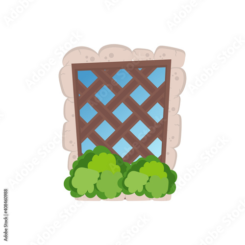 Old rectangular window with stone cladding and greenery on the windowsill. Wooden lattice on an old window. Isolated. Vector.