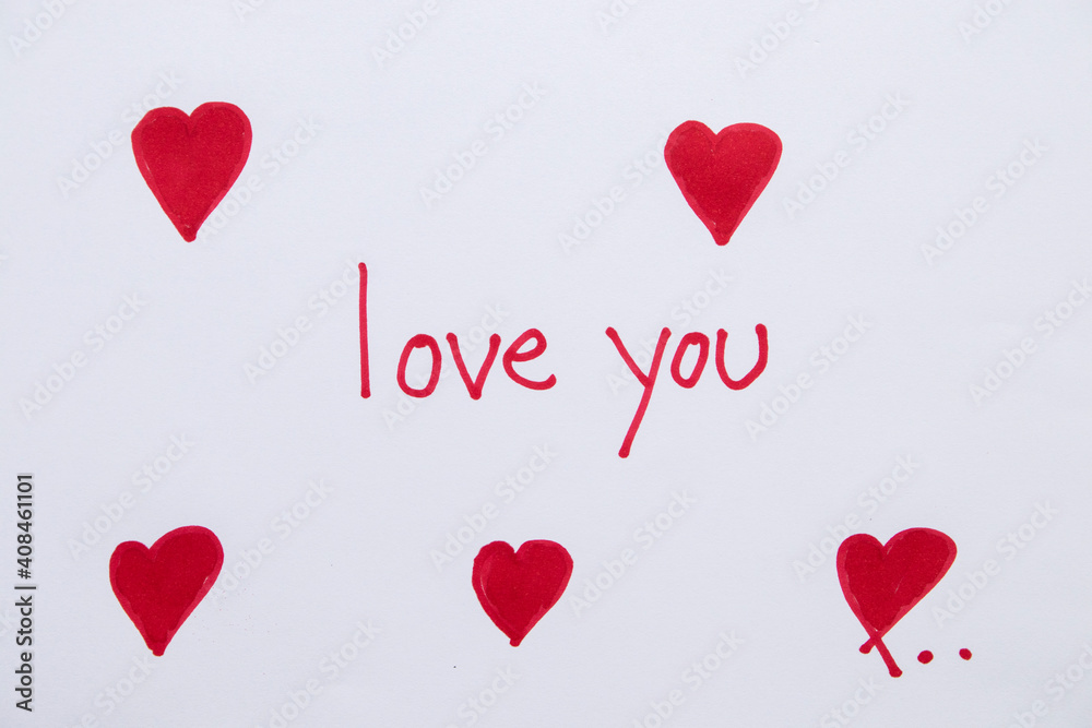  love you message card handwriting with red heart draw in valentine on paper white