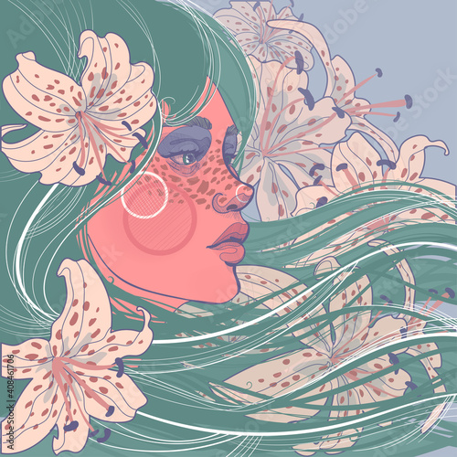 face profile of a beautiful fairytale fairy girl with freckles among lilies with the same freckles