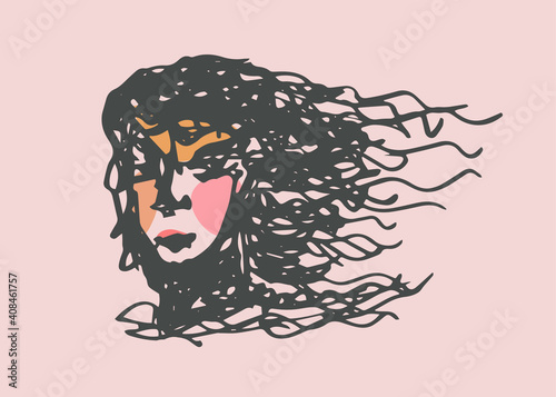 Female face, Face Line Art, drawing of a modern woman with disheveled hair