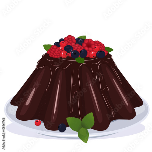 Chocolate cake with berries and mint leaves