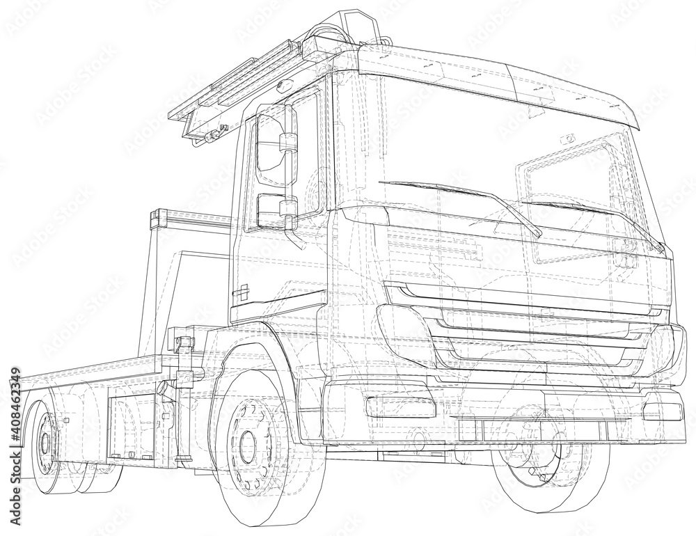 Tow truck and emergency cars. Wire-frame line isolated. Vector rendering of 3d.