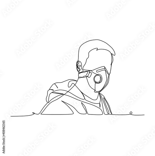 Young man in protective face mask preventing from virus infection. Continuous one line drawing