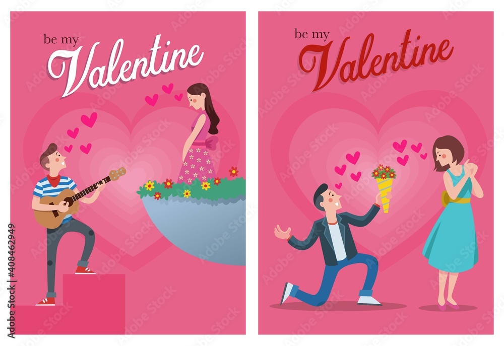 Obraz premium illustration of a man singing and offering flowers to his partner on valentine's day
