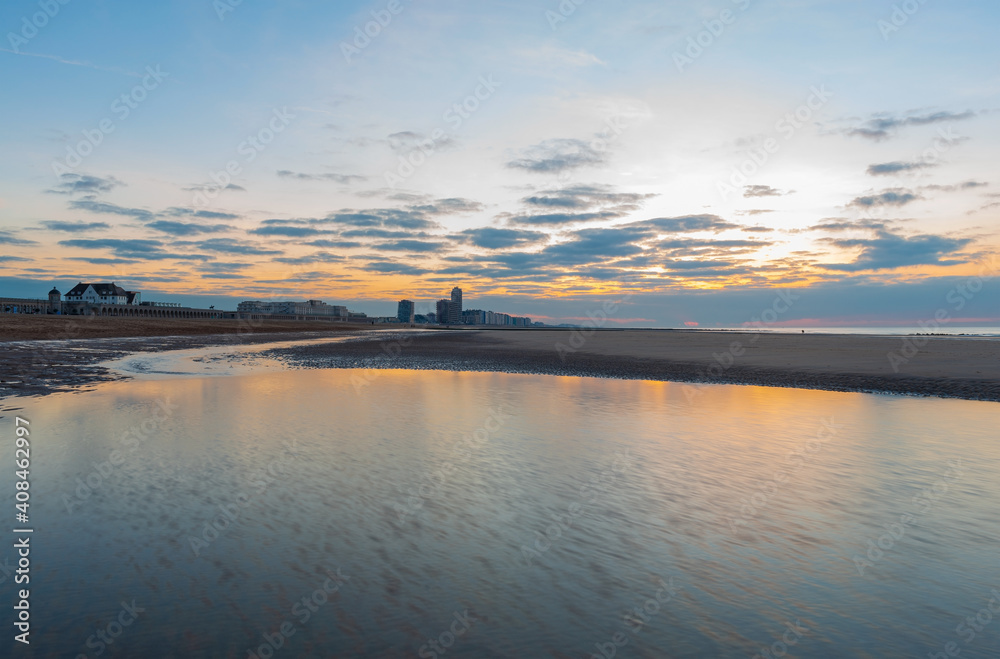 Skyline of Oostende (Ostend) city at sunset with long exposure, Belgium