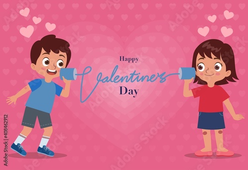 a boy sends a message of love to his female partner using a string telephone on valentine’s day