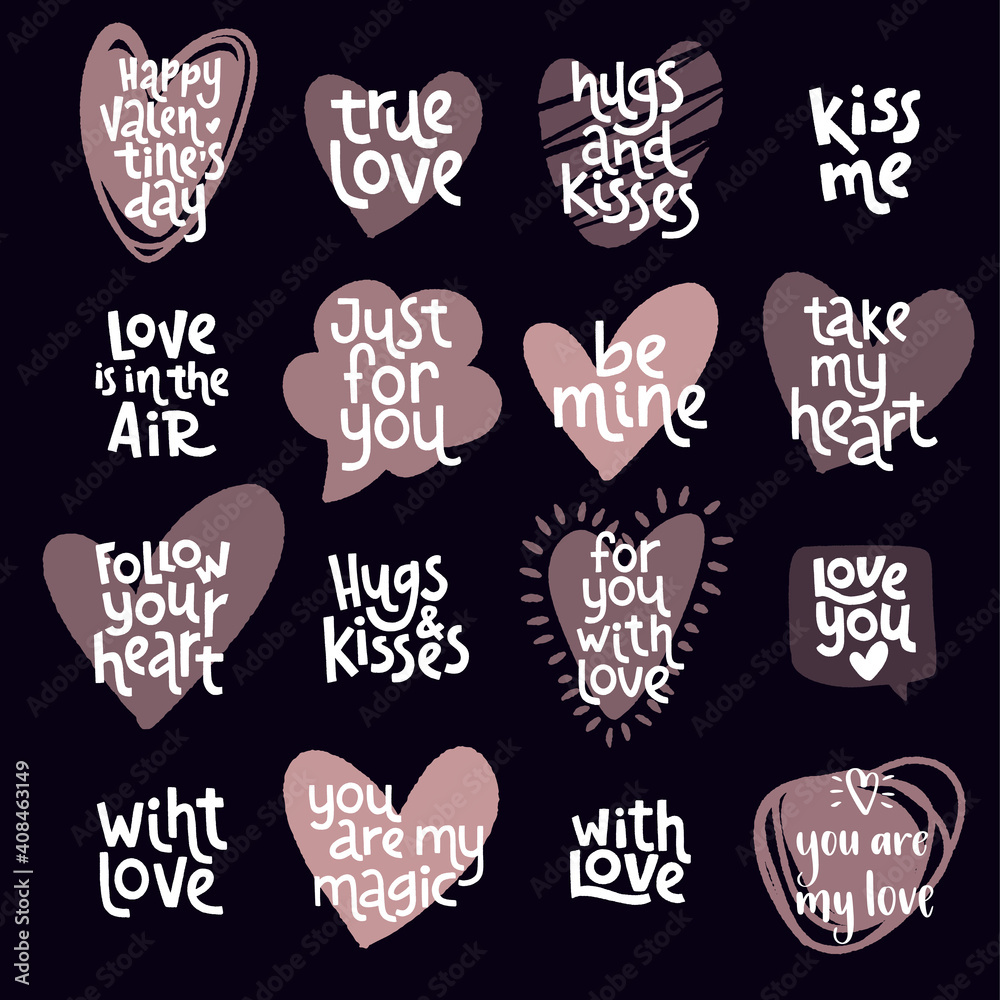 Valentine's day and Wedding quotes, holidays love lettering set.