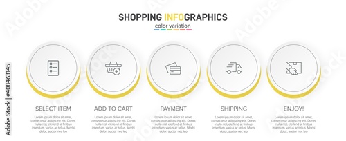 Concept of shopping process with 5 successive steps. Five colorful graphic elements. Timeline design for brochure, presentation, web site. Infographic design layout.