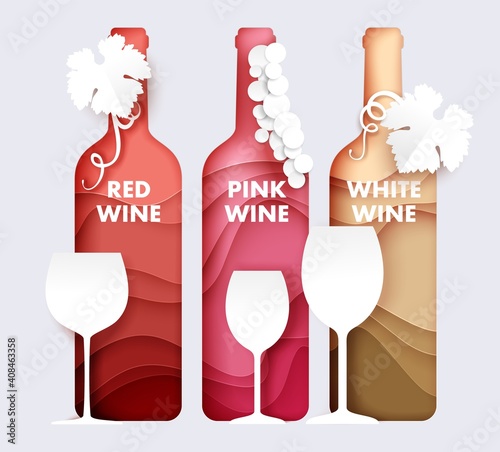 Wine bottle and glass set, vector illustration in paper art style. Grape red, pink, white wine. Restaurant menu, poster, banner, flyer template.