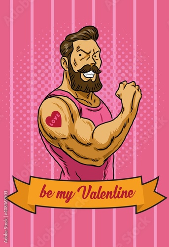 a muscular man with a heart shaped tattoo wearing a pink shirt on a pink background