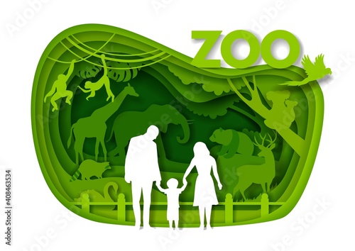 Happy family visiting zoo, vector illustration. Paper cut craft style father, mother and kid looking at giraffe, monkey, deer, koala bears, elephant wild animals silhouettes. Zoo animals.