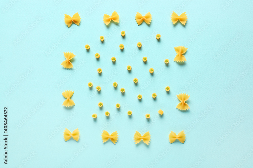 Dry pasta on color background