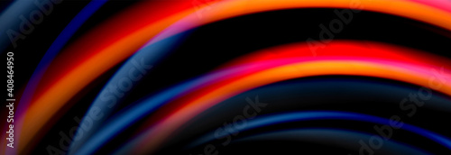 Dynamic motion abstract background. Color blurred stripes on black. Wave liquid lines poster. Vector illustration