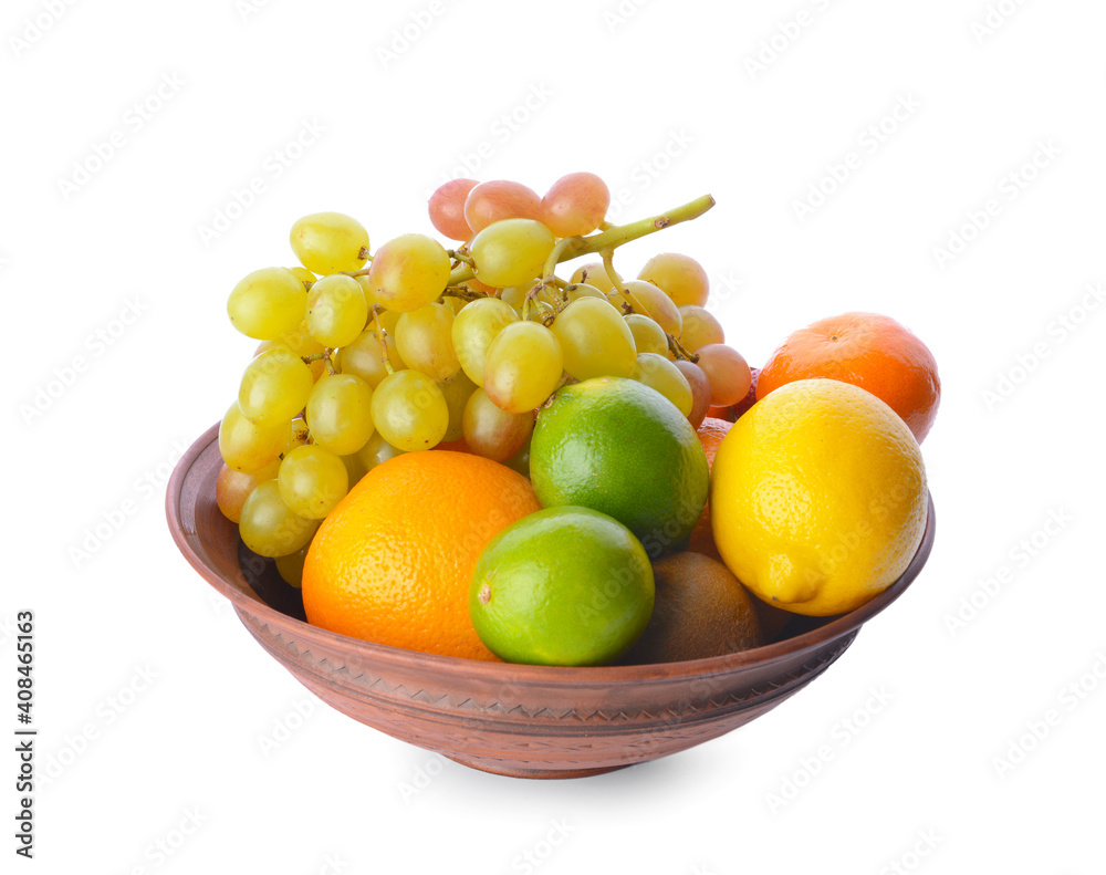 Bowl with different fruits on white background Bowl with different fruits on white background