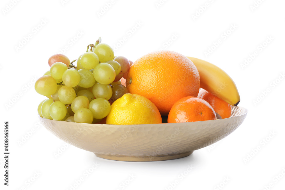Plate with different fruits on white background Plate with different fruits on white background