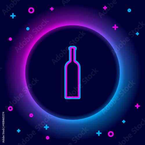 Glowing neon line Bottle of wine icon isolated on black background. Colorful outline concept. Vector.
