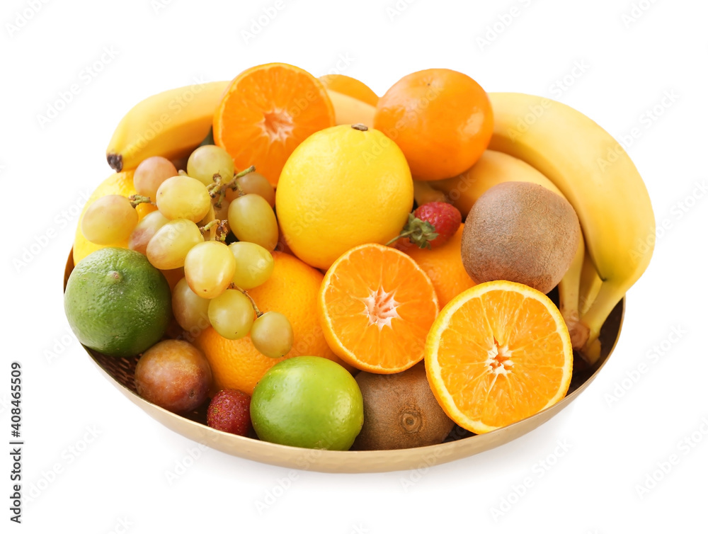 Bowl with different fruits on white background Bowl with different fruits on white background