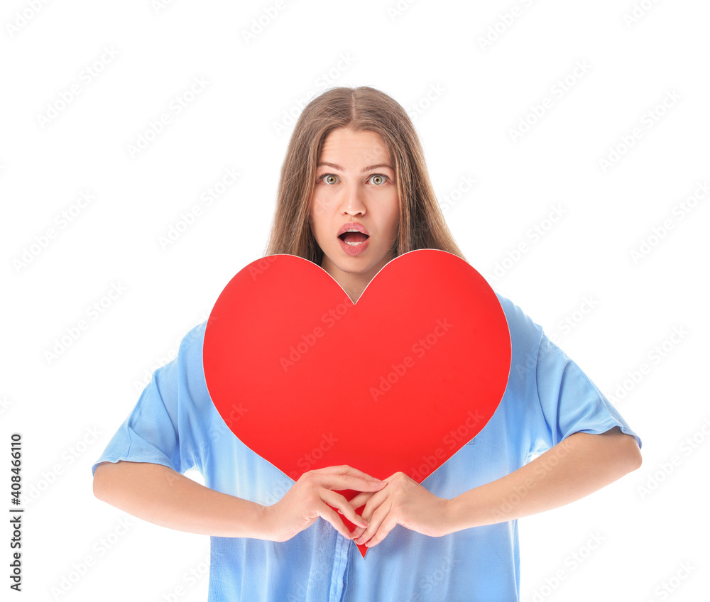 Surprised woman with red heart on white background Surprised woman with red heart on white background