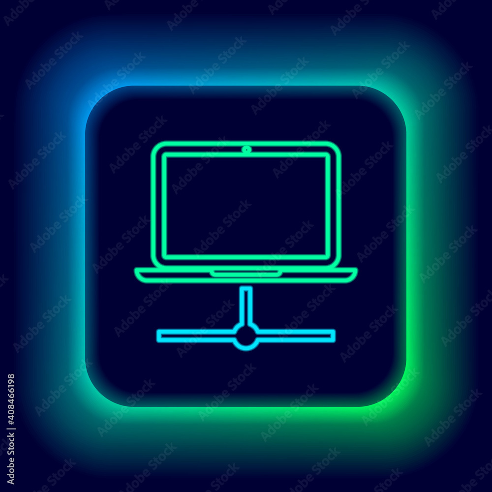 Glowing neon line Computer network icon isolated on black background. Laptop network. Internet connection. Colorful outline concept. Vector. Glowing neon line Computer network icon isolated on black background. Laptop network. Internet connection. Colorful outline concept. Vector.