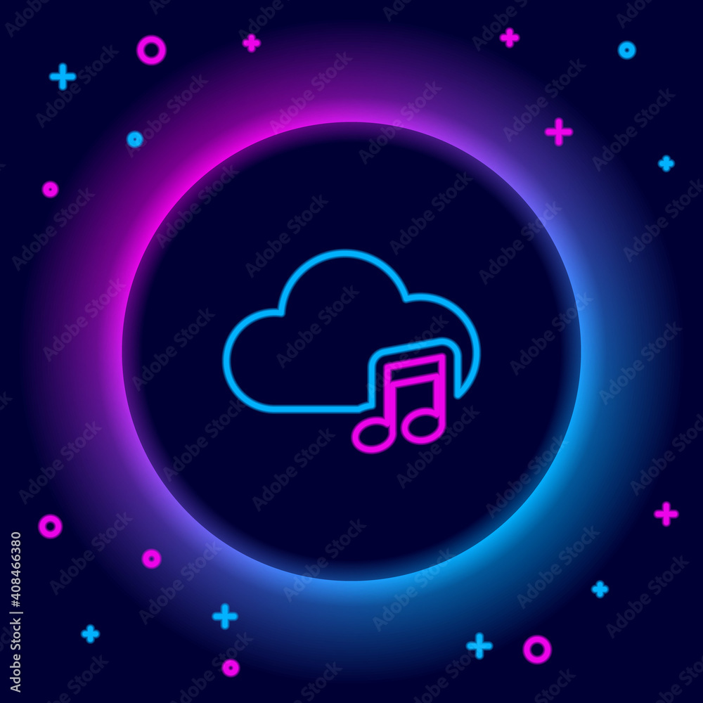 Glowing neon line Music streaming service icon isolated on black background. Sound cloud computing, online media streaming, online song, audio wave. Colorful outline concept. Vector.
