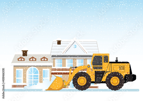 Cleaning snow on the streets with Snow plow truck cleaning snow removal.