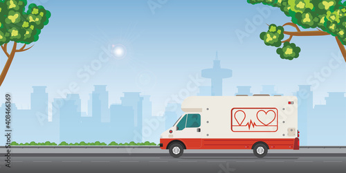 Mobile blood transfusion station vehicle on street in a modern city. photo