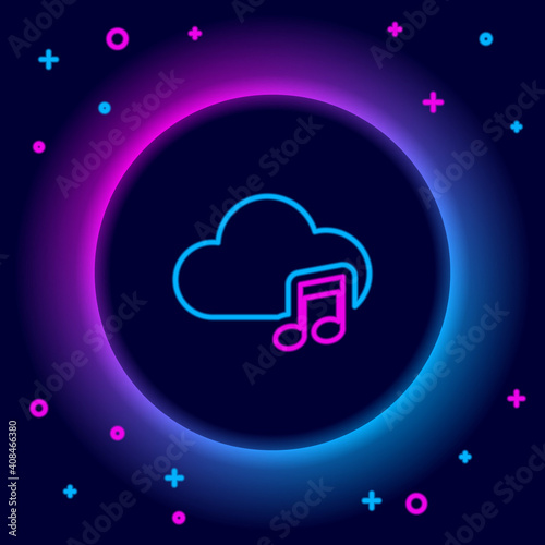 Glowing neon line Music streaming service icon isolated on black background. Sound cloud computing, online media streaming, online song, audio wave. Colorful outline concept. Vector.