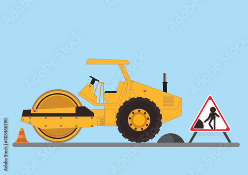 Repair the road surface. Road roller makes the paving on street.