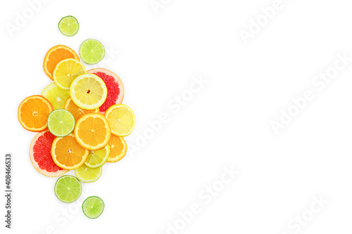 Flat lay composition with citrus fruits, leaves and flowers on white background, copy space. photo