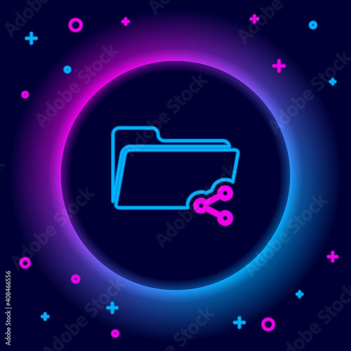 Glowing neon line Share folder icon isolated on black background. Folder sharing. Folder transfer sign. Colorful outline concept. Vector.