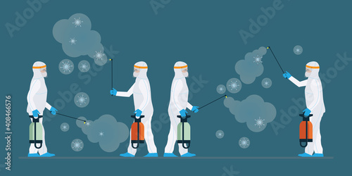 Specialist in hazmat suit cleaning and disinfecting coronavirus cells on background.