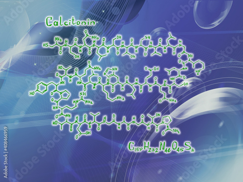 Chemical molecular formula of the hormone calcitonin U . Infographics. Abstract bright glitter blue background. photo