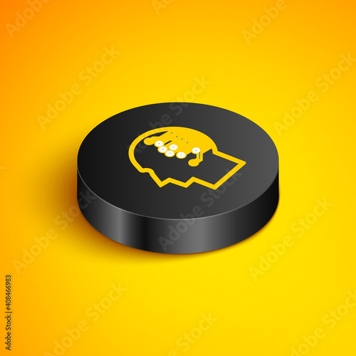 Isometric line Bitcoin think icon isolated on yellow background. Cryptocurrency head. Blockchain technology, bitcoin, digital money market, cryptocoin wallet. Black circle button. Vector.