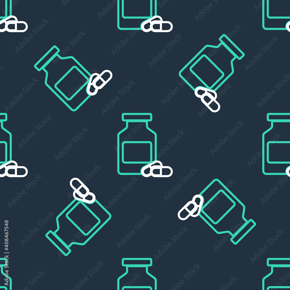 Line Medicine bottle and pills icon isolated seamless pattern on black background. Bottle pill sign. Pharmacy design. Vector. Line Medicine bottle and pills icon isolated seamless pattern on black background. Bottle pill sign. Pharmacy design. Vector.