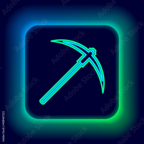 Glowing neon line Pickaxe icon isolated on black background. Blockchain technology, cryptocurrency mining, bitcoin, digital money market, cryptocoin wallet. Colorful outline concept. Vector.