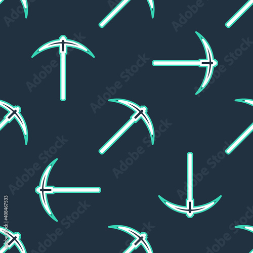 Line Pickaxe icon isolated seamless pattern on black background. Blockchain technology, cryptocurrency mining, bitcoin, digital money market, cryptocoin wallet. Vector.