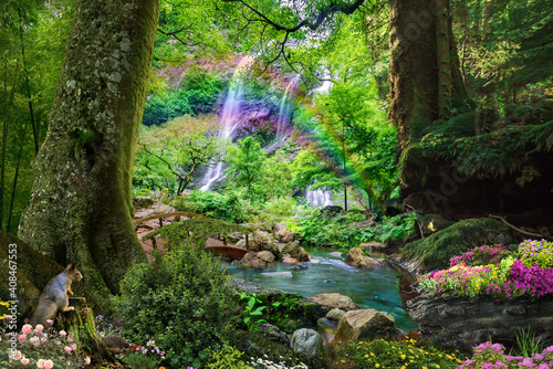 Dark magic forest with sun, squirrel and hedgehog