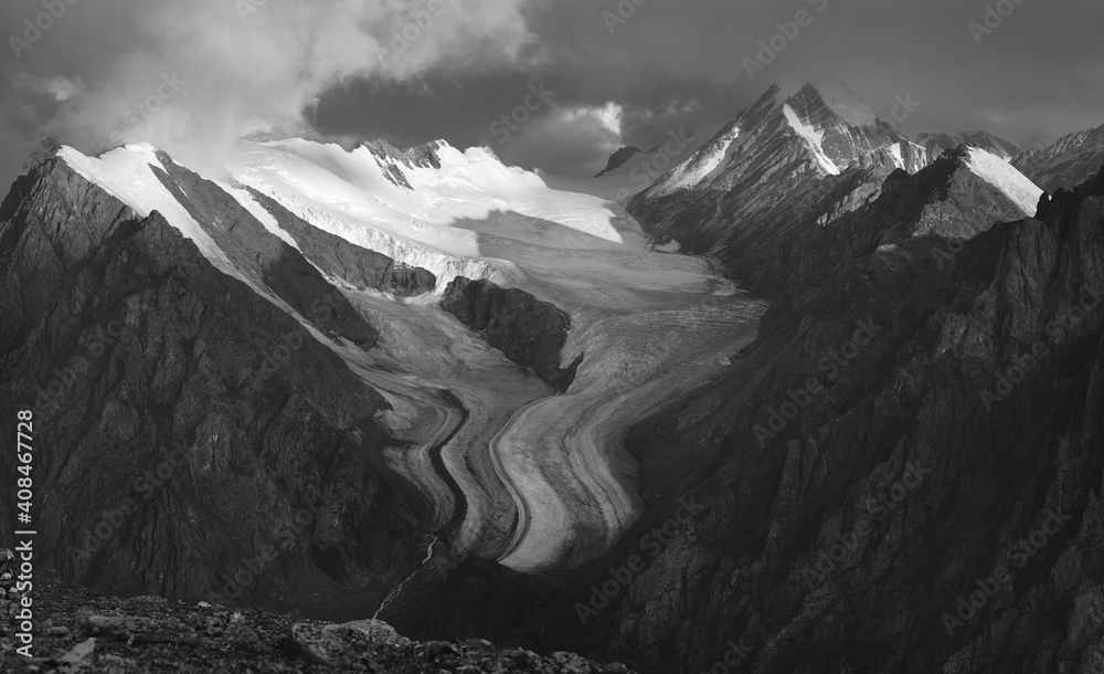Mountain peak in the snow, Altai mountains, black and white landscape