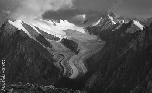 Mountain peak in the snow, Altai mountains, black and white landscape