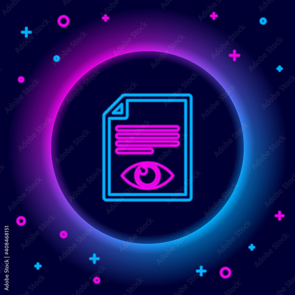 Glowing neon line Paper page with eye symbol icon isolated on black background. Open information file sign. Colorful outline concept. Vector. Glowing neon line Paper page with eye symbol icon isolated on black background. Open information file sign. Colorful outline concept. Vector.
