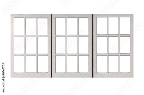 Old wooden window frame painted white vintage isolated on a white background