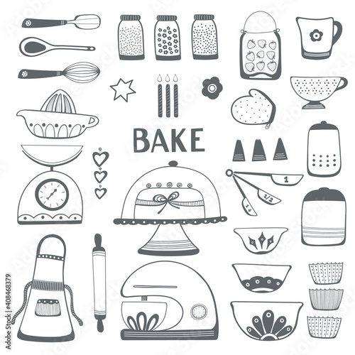 Baking kitchen icon illustration set. Vector black and white outlines.