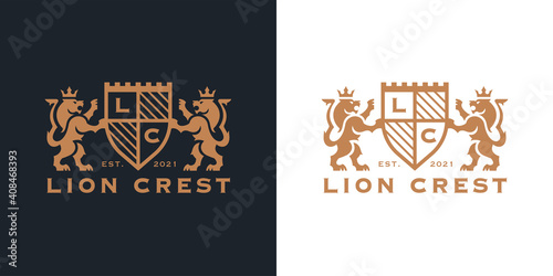 Luxury Lion crest heraldry logo. Elegant gold heraldic shield icon. Premium coat of arms brand identity emblem. Royal company label symbol. Modern vector illustration. photo